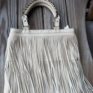 Cut N Paste rustic leather Boho large fringe bag with shoulder strap